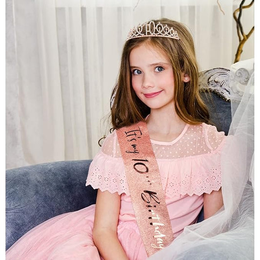 CIEHER 10th Birthday Crown, Sash + Pearl Pin Set - Decorations and Gifts for 10 Year Old Girl's Birthday Party Favors