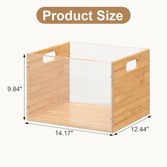 3 Pack Hanging File Organizer, Clear Acrylic File Box Organizer, Bamboo Filing Box File Crate Organizer Storage Boxes, Portable Filing Organizer with Handle for Letter Size