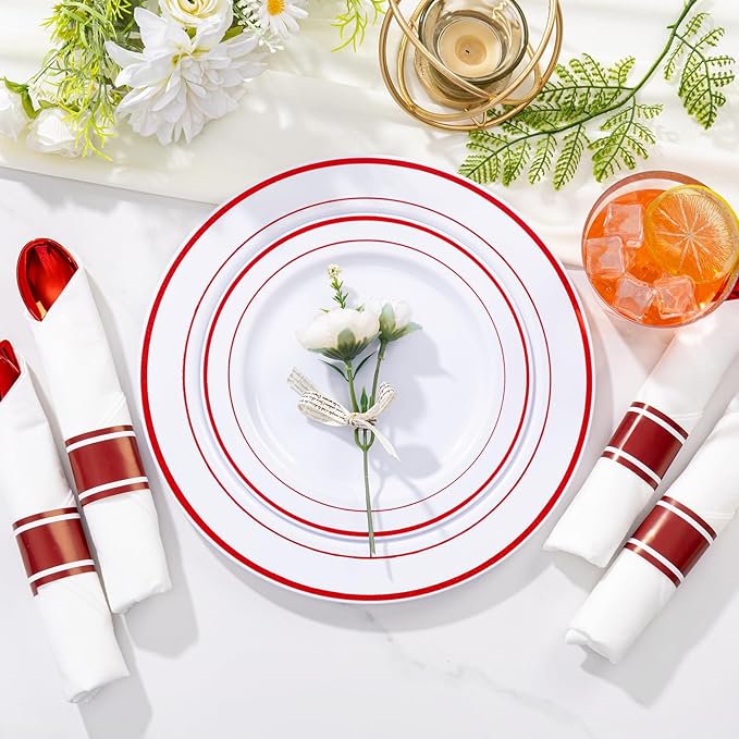 WELLIFE 350 Pcs Red Plastic Plates for 50 Guests - Plastic Dinnerware Set,Christmas Party Supplies Includes 100 Red Disposable Plates,150 Silverware,50 Napkins,50 Cups,Christmas plastic plates