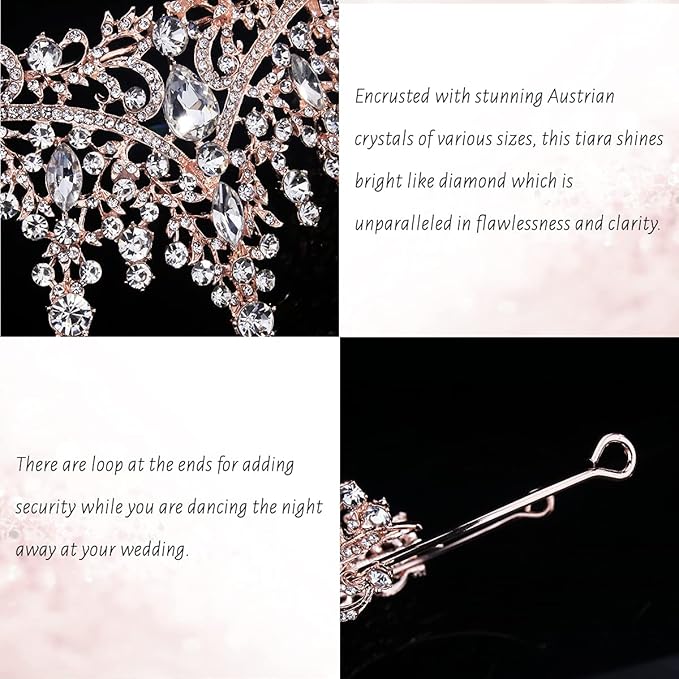 TOBATOBA Crystal Wedding Tiara for Women Rose Gold Crown Royal Queen Headband Metal Princess Bride Quinceanera Headpieces Birthday Prom Pageant Halloween Costume Cosplay