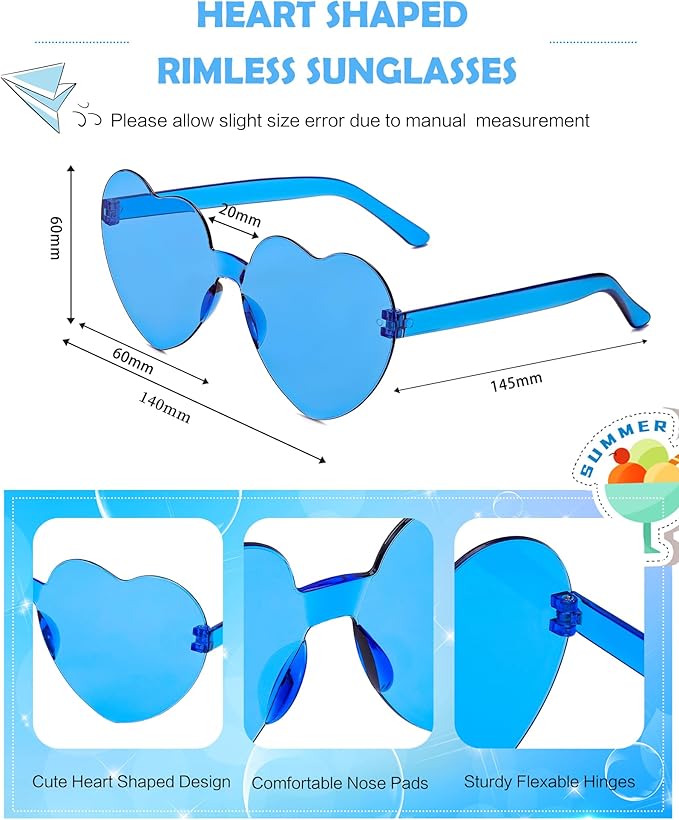 100 Pairs Heart Shaped Sunglasses for Women, Colorful Rimless Fun Heart Sunglasses Bulk Party Favors