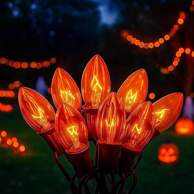 C9 Clear Orange String Light, 25Ft Outdoor Halloween Light String with 25 Clear Edison Bulbs, C9 Vintage Glass Hanging Lights for Patio Halloween Party Holiday Decor, C9/E17 Base, Black Wire