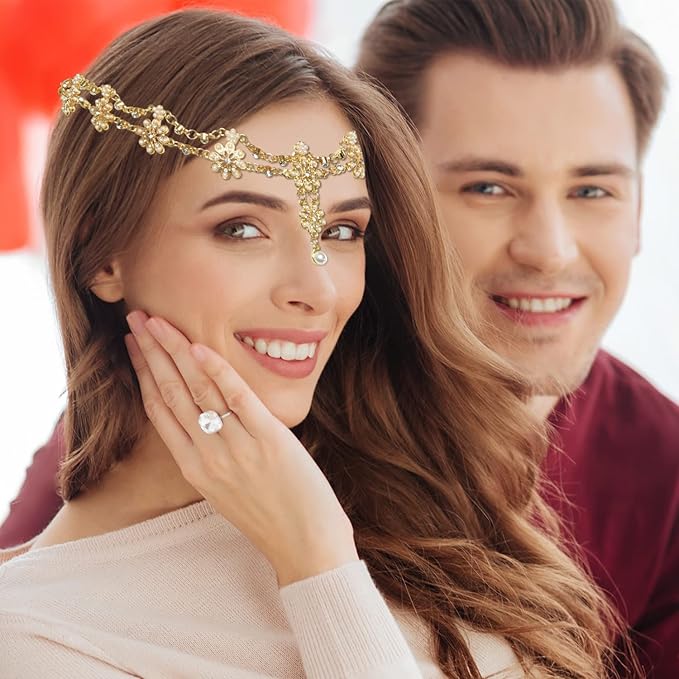 Head Chain Jewelry Headband Crystal Bohemian Hair Accessories with Peal Women Head Chains Forehead Chain Rhinestone Headpieces with Drop Pendant