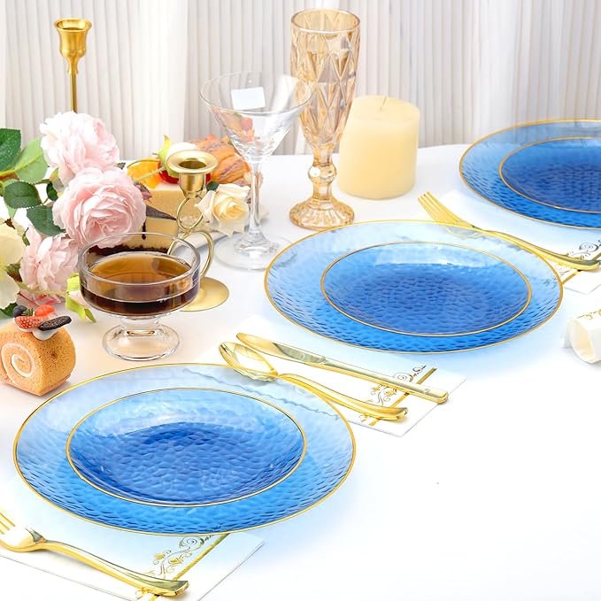 150 Pcs Blue Plastic Dinnnerware Set for 25 Guests - Clear Blue Plastic Plates Disposable with Gold Trim - Fancy Disposable Plates for Party Wedding Birthday Thanksgiving