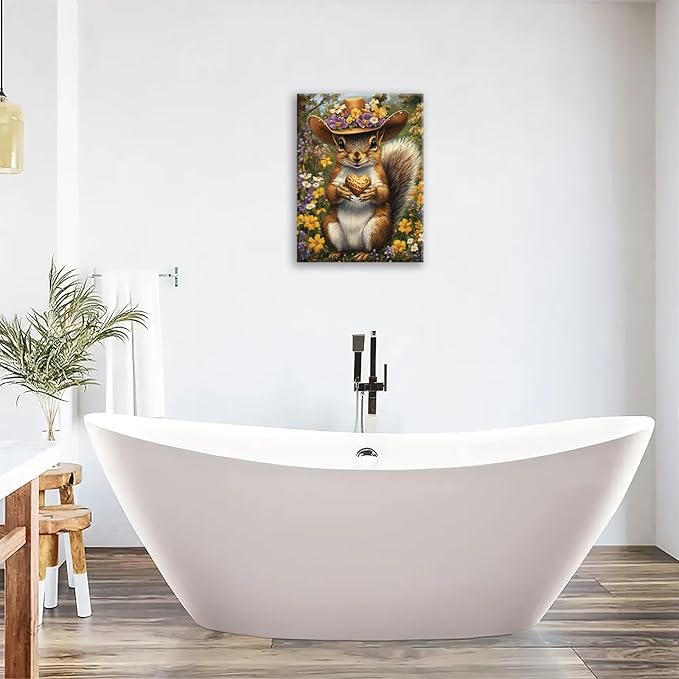 Western Squirrel Wall Art, Squirrel Peanut Pictures Wall Decor, Country Rustic Animal Canvas Prints, Forest Flower Painting, Framed Artwork for Bathroom Living Room Bedroom Dining Room 20"X16"