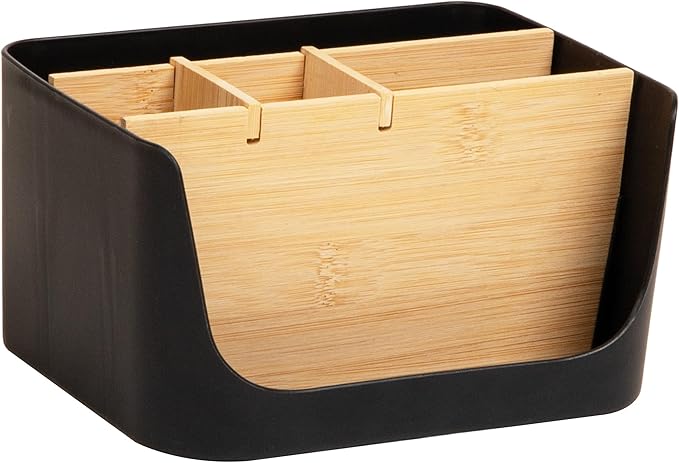 Mind Reader 5-Compartment Desktop Organizer, Adjustable Caddy, Plastic and Wood, Black