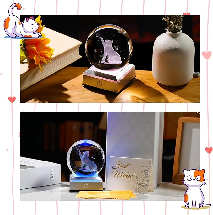 Ornalrist 3.15" Crystal Ball Engraved 3D Cat with Butterfly Figurine Collectible Paperweight with LED Base, Glass Sphere Cat Lover Gifts for Women Men Home Decor