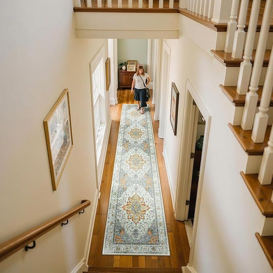 Area Rugs 2'x10' Runner Rug Non Slip Washable for Kitchen Hallway Bedroom Beside Laundry Room Bathroom Rug, Floor Carpet, Light Yellow Carbon Grey Orange