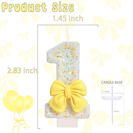 Birthday Candle for Cake, Yellow Bow Cake Candles, Cake Topper Decoration for Birthday Party (Number 1)