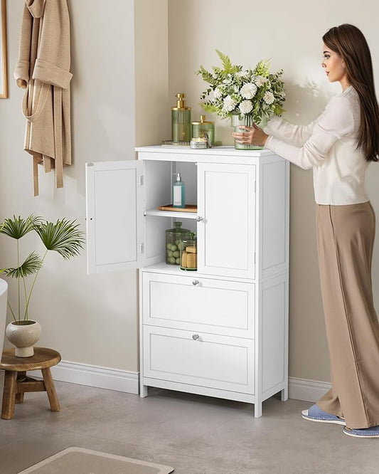 VASAGLE Bathroom Floor Storage Cabinet, Bathroom Storage Unit, Freestanding Cabinet with 2 Drawers and 2 Doors, Adjustable Shelf, 11.8 x 23.6 x 43.3 Inches, White UBBC551WH01S
