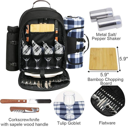 Sunflora Picnic Backpack for 4 Person Set Pack with Insulated Waterproof Pouch for Family Outdoor Camping (Black)