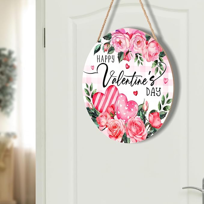 Happy Valentine's Day Rose Flower Front Door Sign Valentines Flower Wooden Door Hanging Sign 12x12 Inch Valentines Day Decorations Outdoor Outside Porch for Anniversary Wedding Farmhouse Holiday