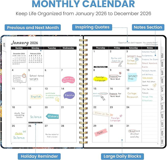 2026 Planner, Weekly and Monthly Planner for Women, Jan 2026 - Dec 2026 Pretty 2026 Calendar Planner with Monthly Tabs, Inner Pocket, Spiral Binding, Perfect for Office Home School - 6.3" x 8.5", Floral Galaxy