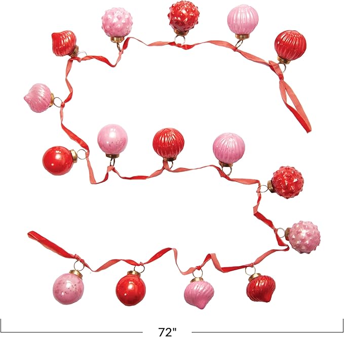 Creative Co-Op Embossed Mercury Glass Ornament Garland with Velvet Ribbon, Pink and Red