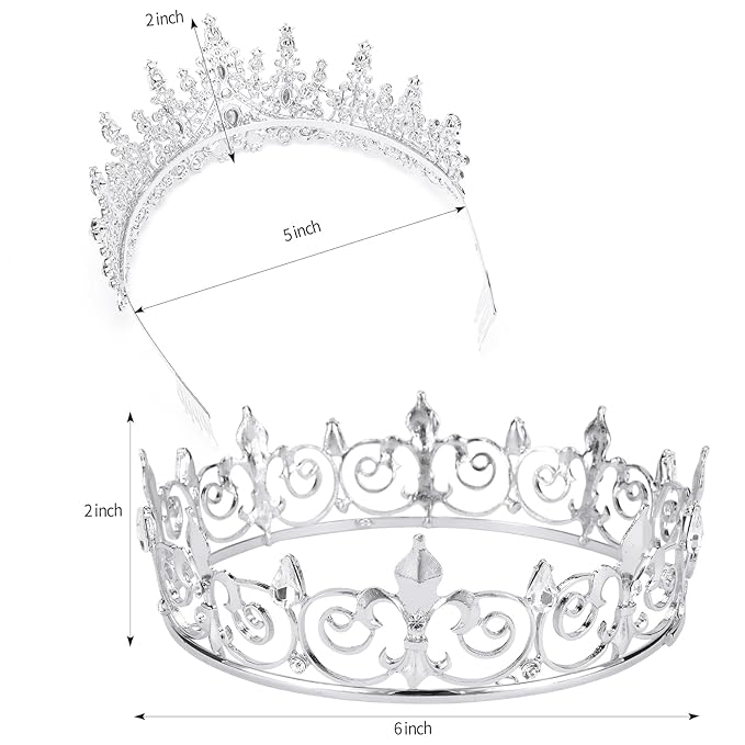 VELSCRUN 2 Pcs Tiara Crown for Men Women, Silver Crowns for Men Metal, King Queen Crown Tiaras, Prince Crown Princess Tiaras for Girls, Birthday Prom Wedding Halloween Party Hair Accessories B