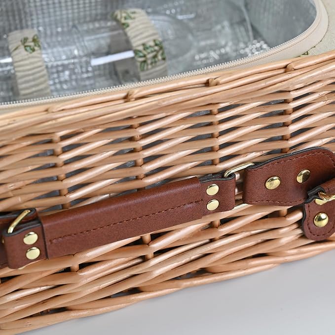 Multifunctional Wicker Picnic Basket Set for 2 with Blanket and Picnic Table, Insulated Picnic Set with Full Tablewares for Camping Outdoor Couples,Leaf
