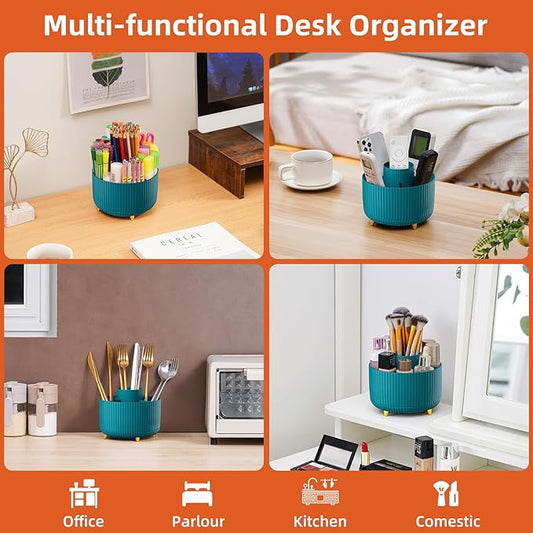 Marbrasse Desk Organizer, 360-Degree Rotating Pen Holder, Desk Organizers and Accessories with 5 Compartments Pencil Organizer, Art Supply Storage Box Caddy for Office, Home(Green)