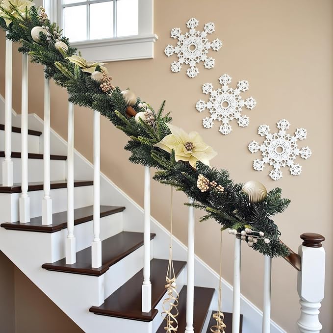 Pre-lit 9 FT LED Christmas Garland with Gold Flower and Berries, Multi-Function Christmas Garland with 50 Warm White LED Lights for Mantle Fireplace Staircase Porch Decor