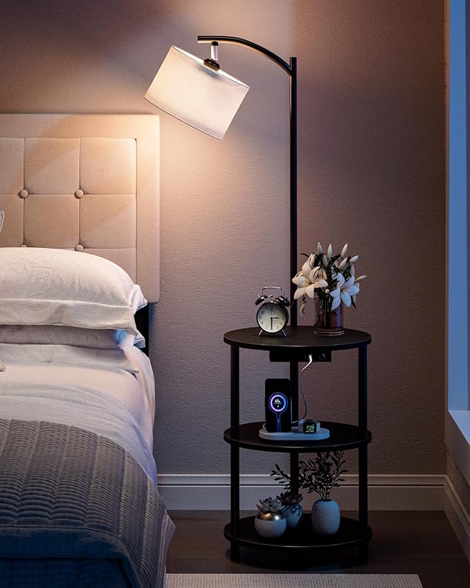Round Side Table with Lamp and USB Ports, 3-Tier Small End Table for Living Room & Bedroom, Rustic Wood Metal Nightstand for Small Spaces, Easy to Assemble, Charcoal Wenge