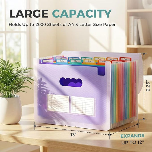 SKYDUE Accordion File Organizer, Expanding File Folder with 12 Pockets, Portable Document Paper Bill Receipt Organizer, Home School Office Supplies, Letter A4 Size Purple