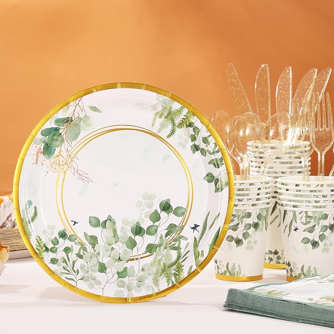 Sage Green Plates and Napkins Party Supplies - Sage Green Paper Plates Tableware Set for Baby Shower, Gender Neutral Birthday, Bride Shower, Wedding Table Decor, Serves 24