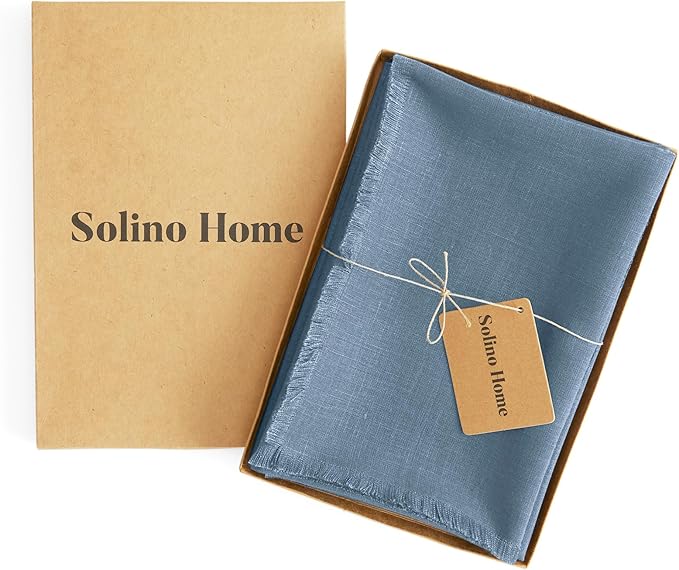 Solino Home Fringe Linen Napkins Set of 4-100% Pure Linen Dusty Chambray Blue Dinner Napkins 20 x 20 Inch for Fall, Autumn - Handcrafted and Machine Washable