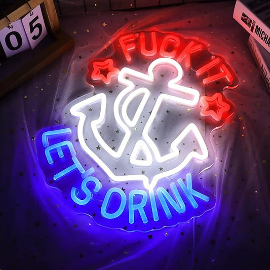 JFLLamp FUNK IT LET'S DRINK Neon Signs for Wall Decor Anchor Decor Neon Lights for Bedroom Led Signs Suitable for Man Cave Beer Bar Pub Restaurant Christmas 5V Usb Power, 14.5*16 Inch(Red+White+Blue)