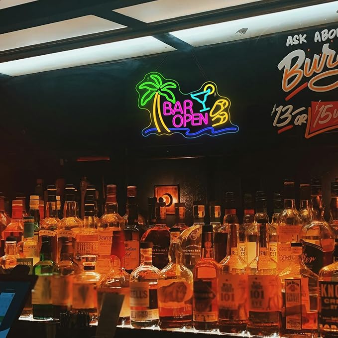 Lucunstar Neon Bar Sign LED Beer Sign USB Powered with Coconut Tree Slipper Wine Glass Bar Open Light Up Pub Party Man Cave Vacation Hotel LED Beer Neon Light Art Decor Gifts for Birthday Christmas