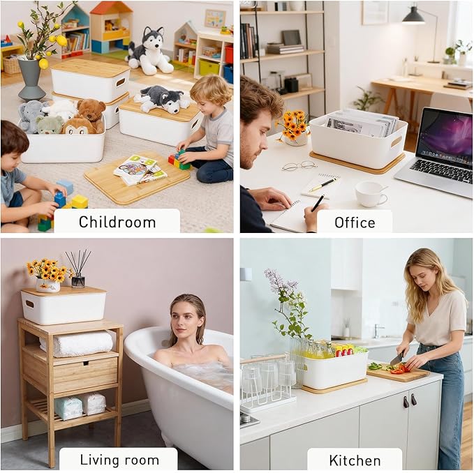 Citylife Storage Bins with Bamboo Lids 13QT Plastic Storage Containers Stackable Organizer Boxes with Handle for Desk Snacks, Toys, 2 PCS, 14" L x 10.6" W x 6.18" H