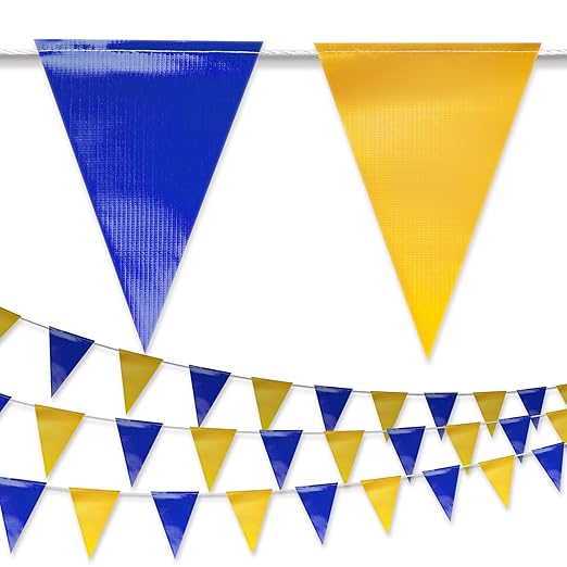 Blue & Yellow Pennant Banner Flags | Heavy-Duty Outdoor | OSHA 500lb Rated | Strand Fade Resistant ă408FTă
