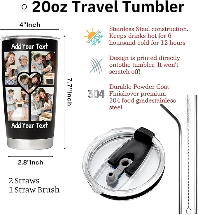 Personalized Tumbler with Pictures Text, Custom Photo Stainless Steel Coffee Tumbler, Coffee Travel Mug Cup 20 Oz Custom Gifts for Fathers Day Christmas Birthday for Dad Mom Kids