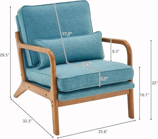 Bonnlo LinenTeal Mid Century Modern Accent Chair, Soild Wood Padding Lounge Armchairs Side Sitting Chairs for Living Room, Bedroom, Guest Room