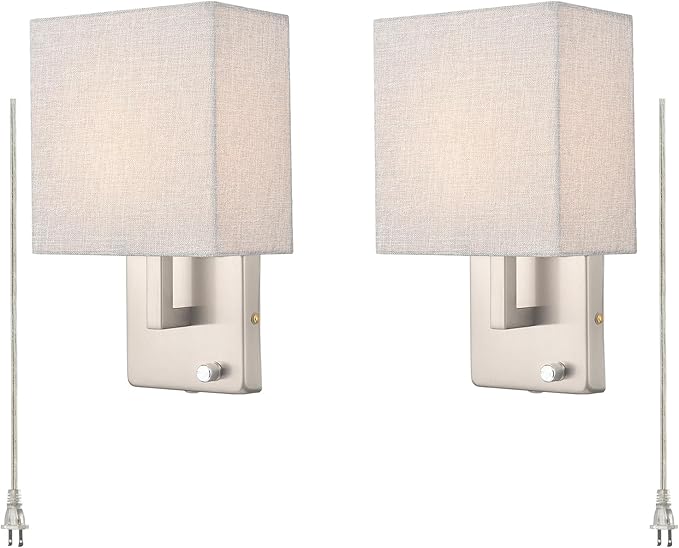 YUBOLE Modern Wall Sconces Brushed Nickel-Plug in(Received Version) and Hardwired Design Wall Light with Dimmable Switch for Bedroom Bathroom Set of 2