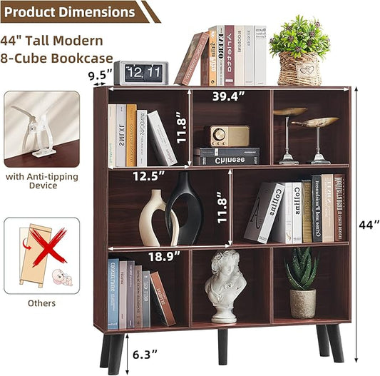LEYAOYAO 8 Cube Bookshelf 3-Tier Bookcase with Legs, Mint-Walnut Kids Book Shelf Cute Storage Organizer, Large Open Toy Shelves Modern Bookshelves,Display Bookcases for Bedroom,Living Room,Nursery