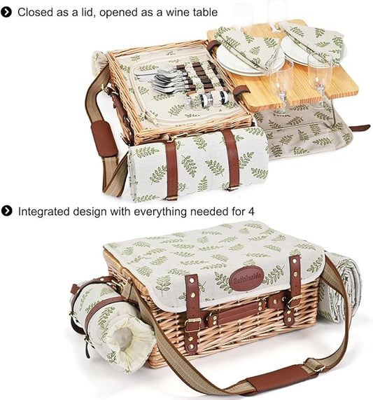 Multifunctional Wicker Picnic Basket Set for 4 with Blanket and Picnic Table, Insulated Picnic Set with Full Tablewares for Camping Outdoor Couples,Leaf