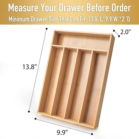 Silverware Organizer Kitchen Drawer Organizer Utensil Organizer Bamboo Silverware Holder Cutlery Organizer in Drawer Flatware Organizer Tray(5 slots, Natural
