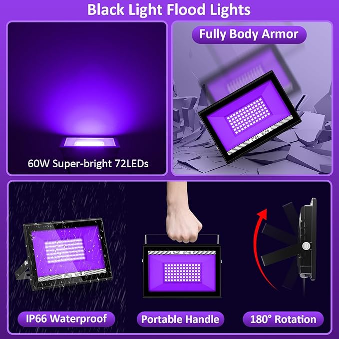 T-SUN 2 Pack 60W Black Lights Outdoor, Blacklight Flood Light with US Plug and Switch, IP66 Waterproof Black Lights for Glow Party, Glow in The Dark, Body Paint Fluorescent Poster Halloween