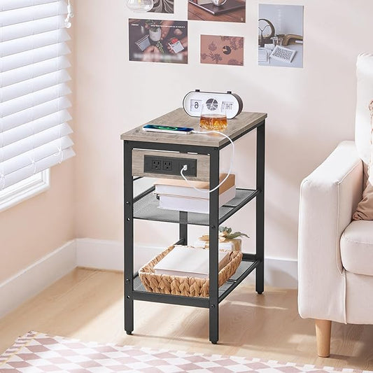 HOOBRO End Table, 3-Tier Narrow Side Table with Charging Station, Nightstand with 2 Flat or Slant Adjustable Shelves for Small Spaces, Living Room, Bedroom, Greige and Black BG23UBZ01G1