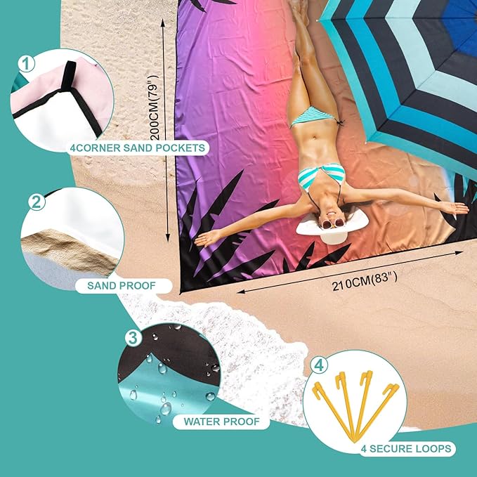 Beach Blanket Waterproof Sandrproof Large Beach Mat 79" X 118" for 2-8 Adults Quick Drying Outdoor Picnic Mat 4 Stakes & 4 Corner Pockets for Travel Picnic Camping Hiking (Gradient Sky&Sea)