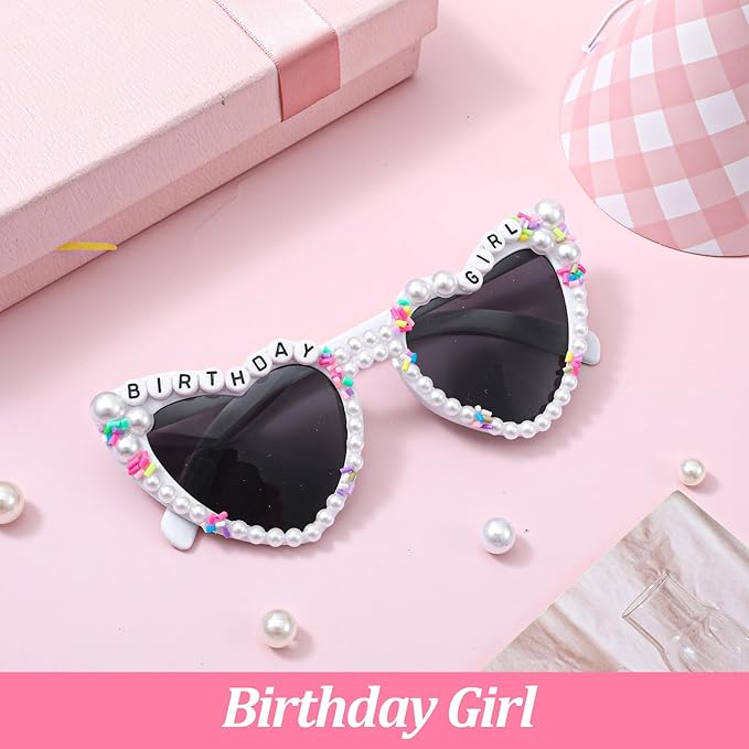 Birthday Glasses for Women, Birthday Girl Heart-Shaped Sunglasses with Pearl, White Stylish Happy Birthdays Sunglasses for Birthdays Party Accessories, Women & Girls Outfit Gift