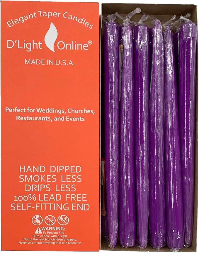 D'light Online Elegant 15" Unscented Purple Taper Candles, Premium Quality Hand-Dipped Tapered Candles, Dripless and Smokeless - Set of 12 Individually Wrapped (15 Inch, Purple)