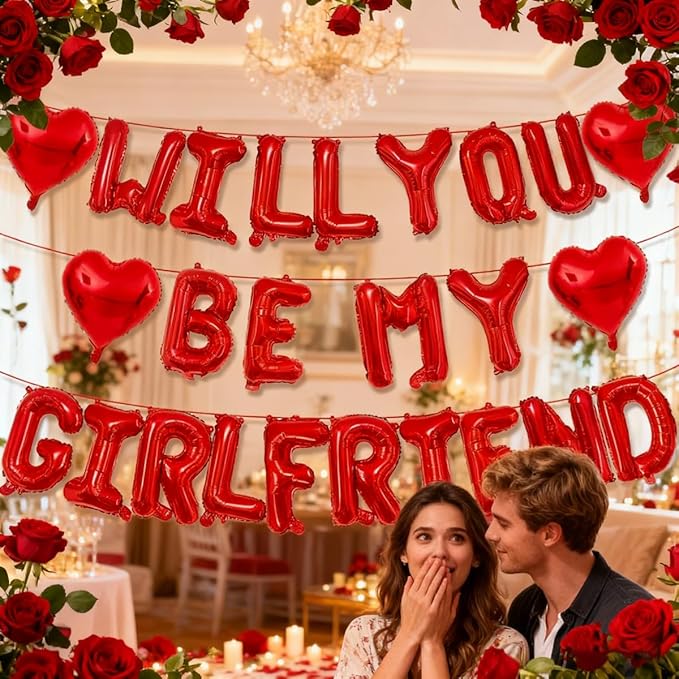 Will You Be My Girlfriend Balloons-16 Inch Red Foil Letters Balloon Heart Balloon Valentines Day Balloons for Wedding Engagements Proposals party Decorations