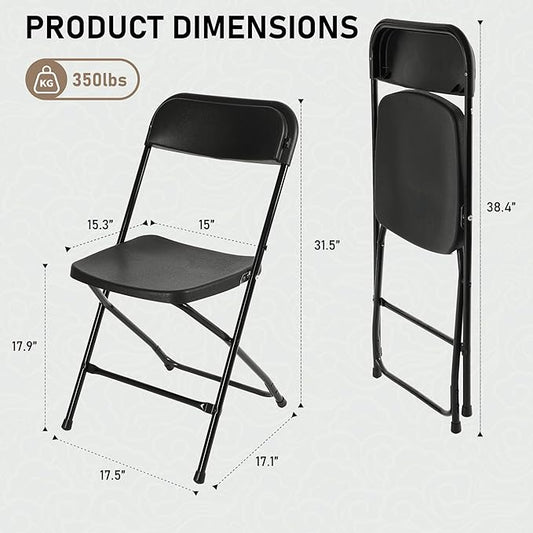 SEALAMB 6 Pack Black Plastic Folding Chairs for Indoor Outdoor, Portable Commercial Seat with Steel Frame for Home Office Wedding Party Events, 350lb Capacity (Black-Plastic, 6 Pack)