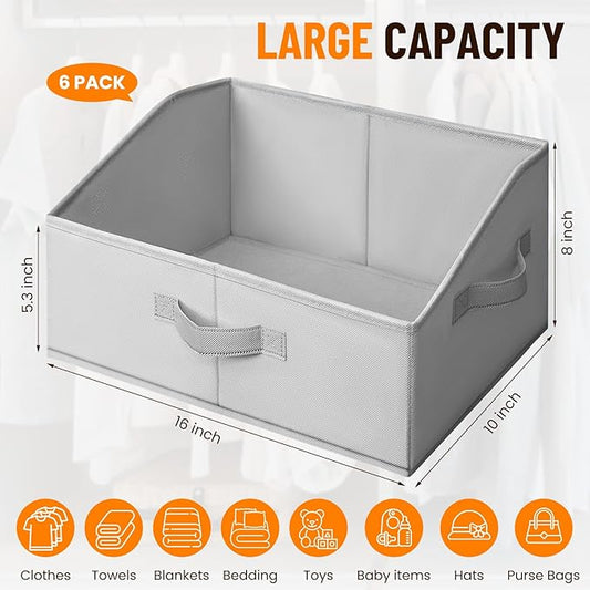 Criusia Closet Organizers Bins 6 Pack - Large Closet Shelf Organizer with Handles - Fabric Trapezoid Home Organization and Storage Baskets for Organizing Clothes Toy Blanket Towel Purse Hats