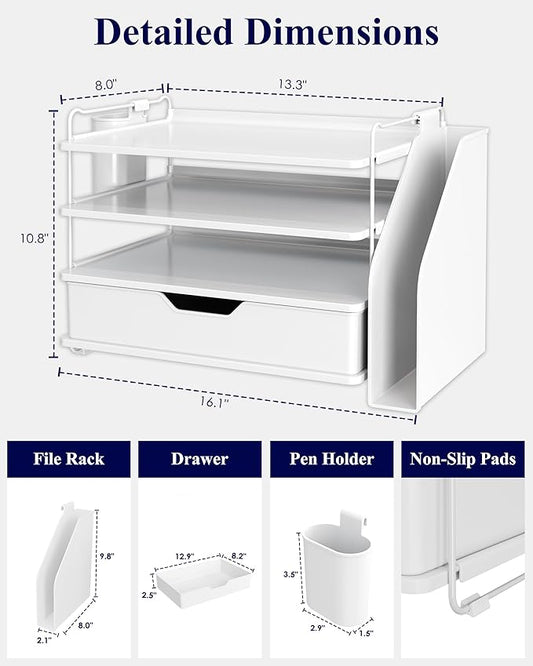 Kitsure Desk Organizer - 4-Tier Office Desk Accessories with Drawer & Pen Holder, Tool-Free Assembly Organizer with Non-Slip Pads, for Office Supplies Storage, Plastic, 13.3" x 8.0" x 10.8", White