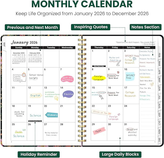 2026 Planner, Weekly and Monthly Planner for Women, Jan 2026 - Dec 2026 Pretty 2026 Calendar Planner with Monthly Tabs, Inner Pocket, Spiral Binding, Perfect for Office Home School - 8.5" x 11", Abundant Floral