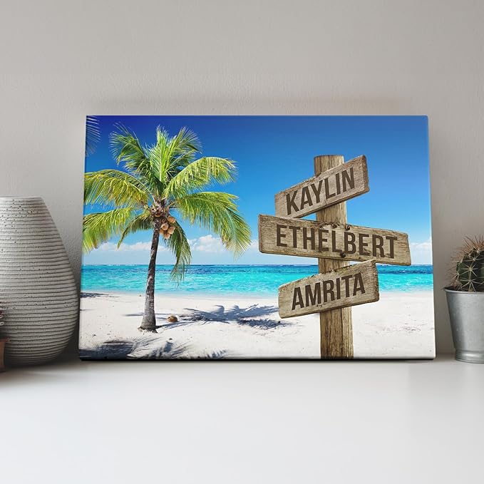 DemCanvas Custom Family Names on Rustic Directional Sign Housewarming & Customized Names Decor, Custom Wooden Signs Family Canvas, Ocean and Coconut Tree, Street Sign Canvas