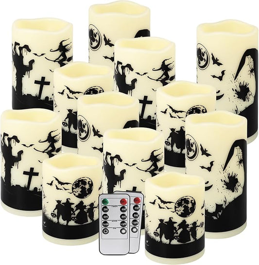 12-Pack Halloween-Flameless Led Pillar Candles,Remote Control and Timer Functions,