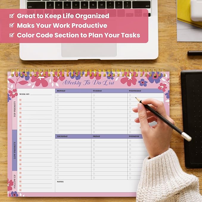 Weekly To Do List Notepad with 52 Undated Sheets(8.5"×11")- Undated Weekly Planner Notepad for Office Desk Accessories and Supplies - Petal Pink