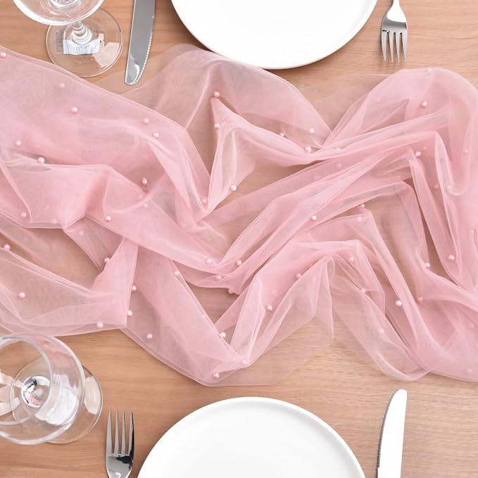Dusty Rose Pearl Fall Thanksgiving Table Runner Boho Rustic Tulle Lace Table Runner for Baby Shower Wedding Arch Decor Veil Dessert Table Decor